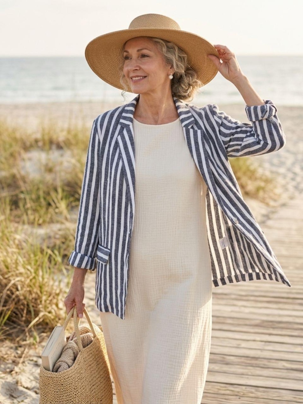 Caslon Navy & White Striped Swim Coverup Blazer